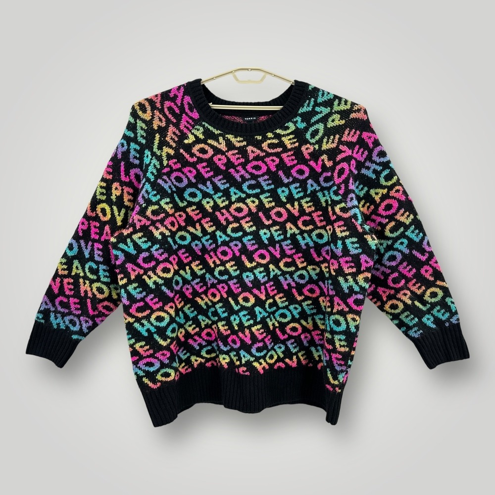 Torrid Sweater Womens 4 4X Rainbow Peace Hope Love Pullover Crewneck Knit Bold